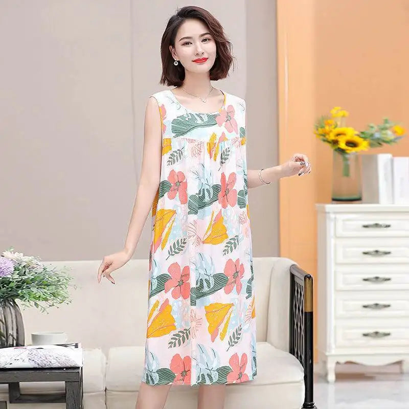 Summer Middle-Aged And Elderly Cotton Silk Nightgowns Pajamas WoMen's Dresses Large Size Mother's Casual Nightgowns Homewear