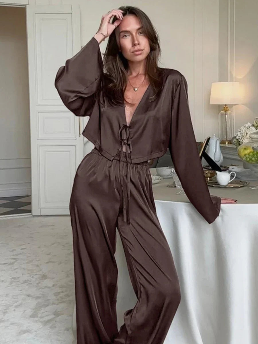 Blubelle Simulation Silk Cardigan Tie Pajamas Two-Piece Set Loose Long Sleeved Pants Casual Home Clothing Women'S Nightgow Set
