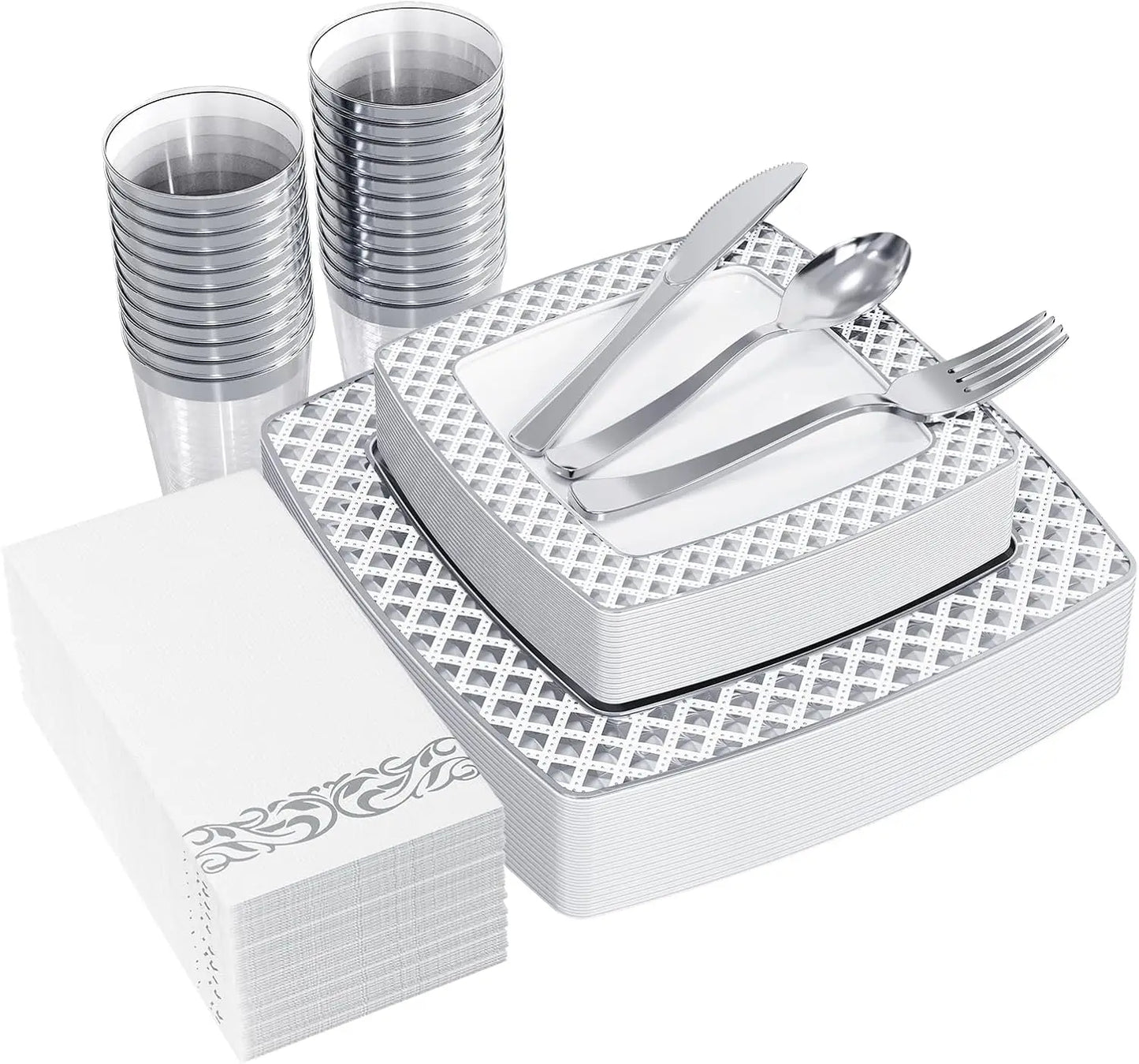 175-Count Silver Disposable Dinnerware Set For 25 Guests, Includes Plates, Cups, Cutlery For Weddings And Parties