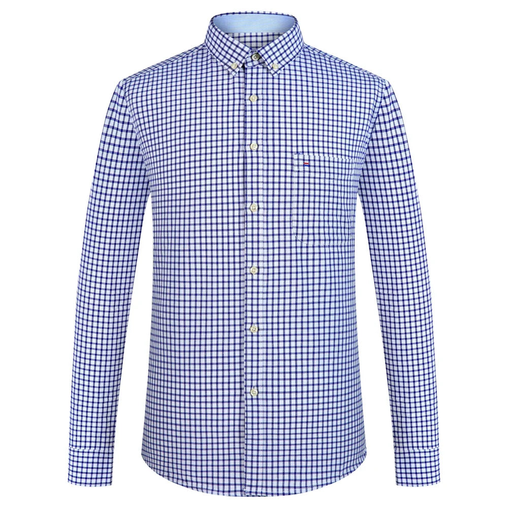 Men's Plaid Striped Oxford Long Sleeve Button-down Shirts with Pocket, Spring Fall 60% Cotton Versatile Casual Menswear Clothing