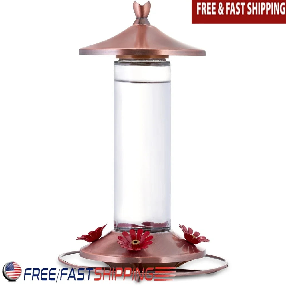 Elegant Copper Glass Hummingbird Feeder 12Oz 4 Feeding Ports Wide Mouth Easy Clean Bee Guard Garden Decor