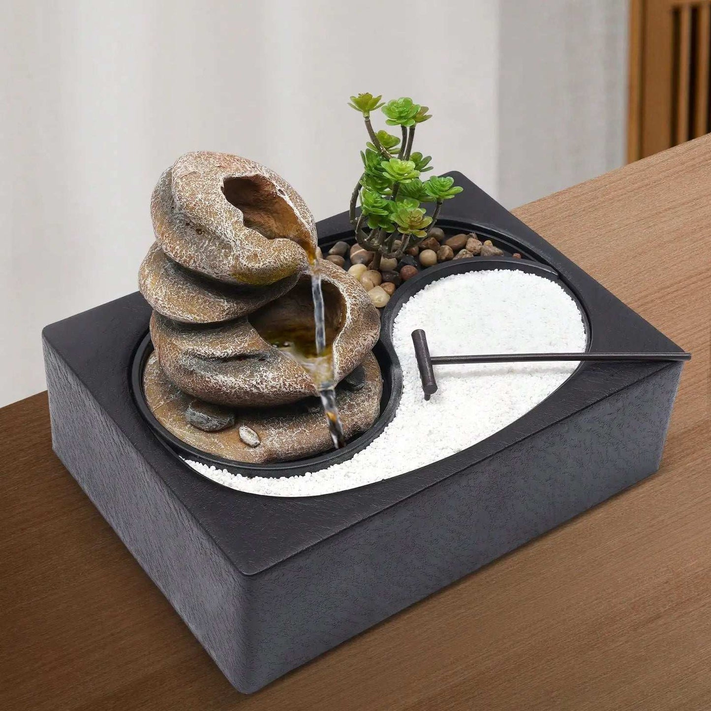 11.4X8.3X8.7In Tabletop Fountain With Led Light Waterfall Zen Meditation Desktop Resin Rockery Water Fountain Bonsai Decor Gift