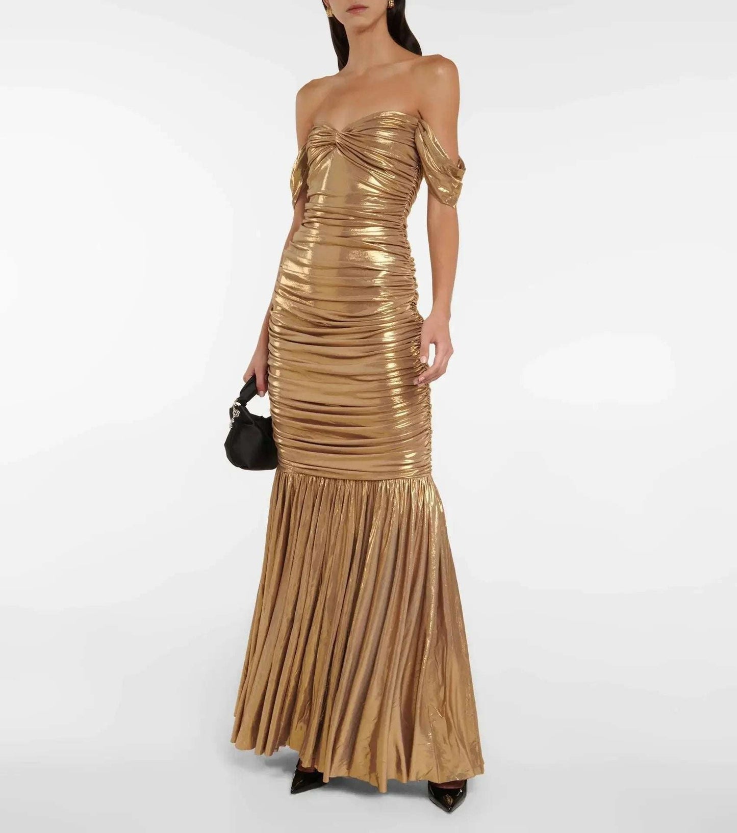 Gold Sequin Mermaid Evening Gown - Off-Shoulder Floor-Length Prom Dress