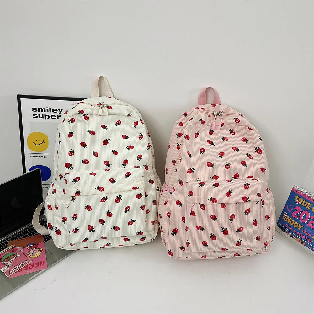 Corduroy Strawberry Backpack Stylish Laptop Backpack Multi-pockets Fashion Teenagers Daypack Adjustable Strap for Women Girls