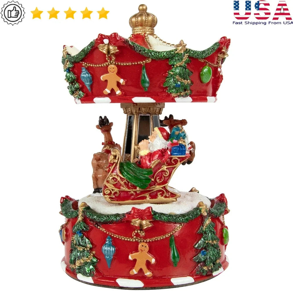 Animated Musical Santa Reindeer Carousel Christmas Music Box Indoor Wind Up Plays We Wish you a Merry Christmas 6.25 Inch