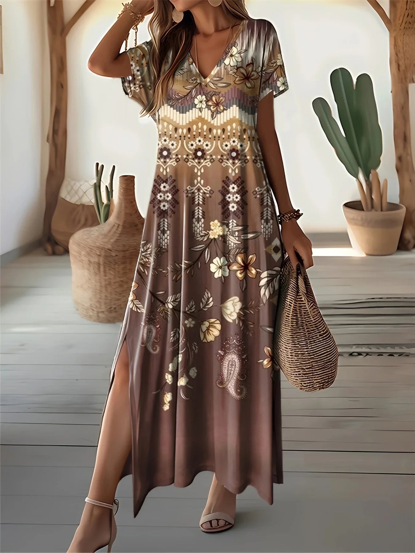 Retro Floral Print Dresses For Women Plus Size V-Neck Female Long Dresses Elegant Short Sleeve Dress Fashion Summer 2024