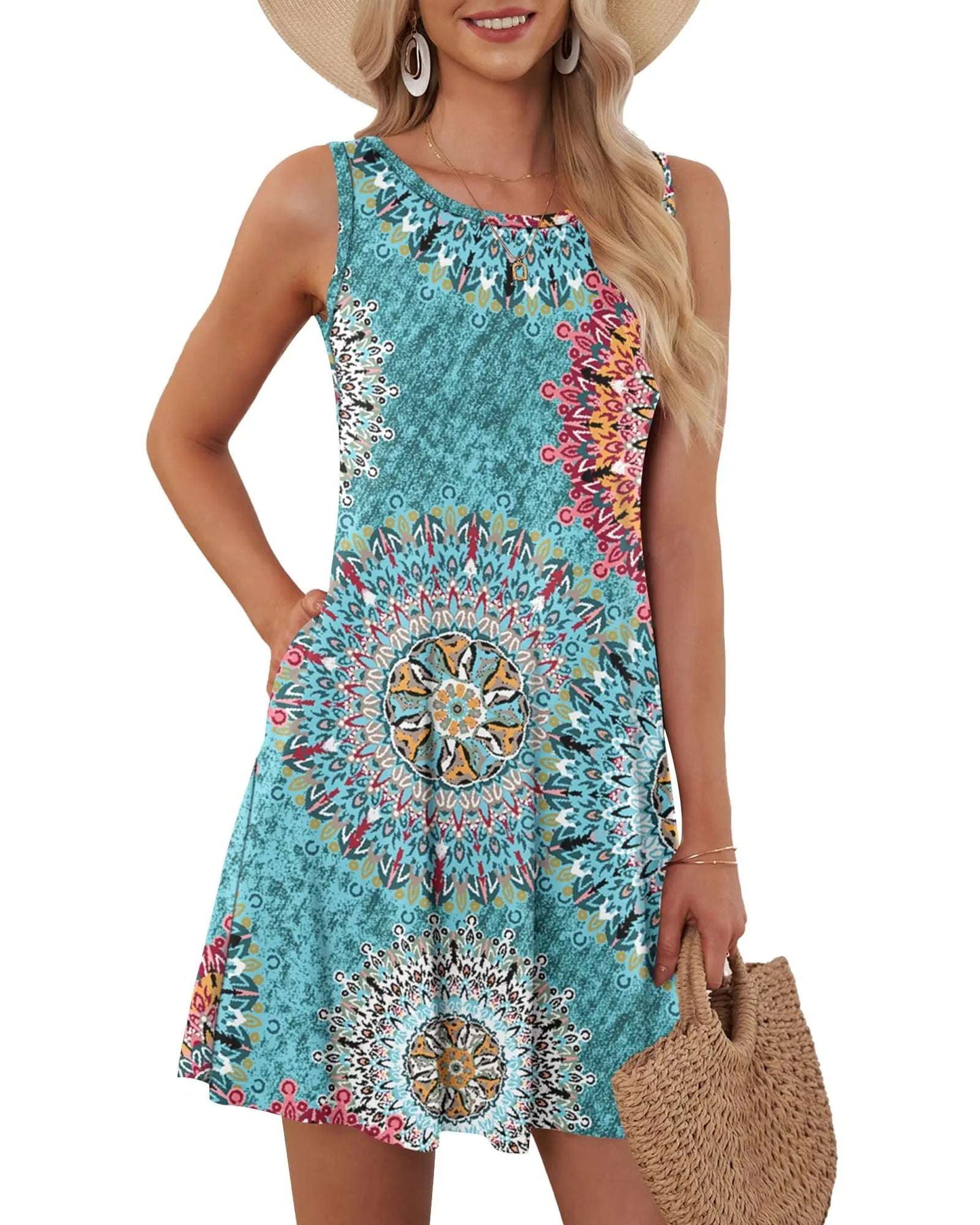 Summer WoMen's Sleeveless Plus Size 5XL WoMen's Long Skirt Boho Round Geometric Print Fashionable and Comfortable Tank Top Dress