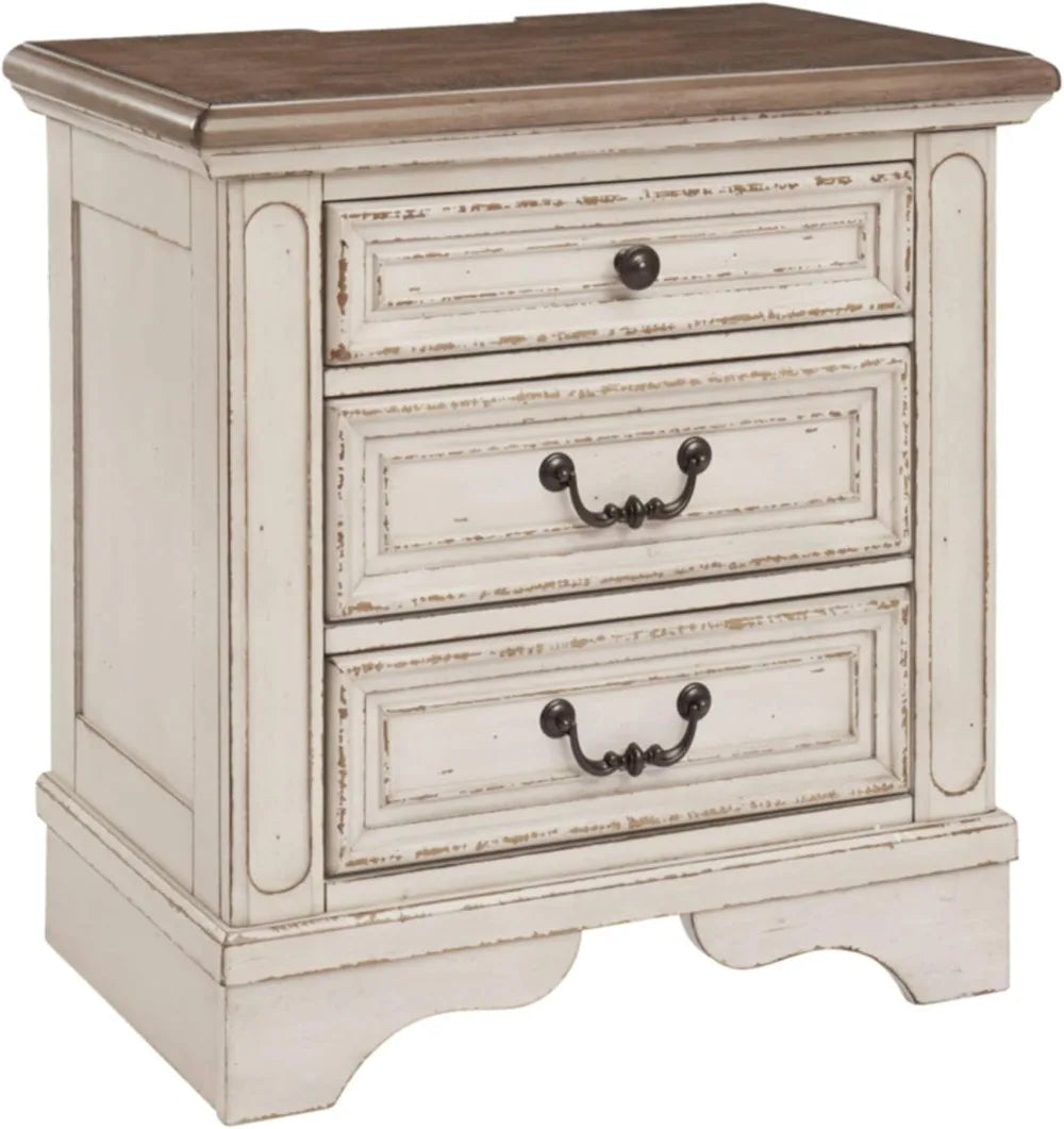Realyn French Country 3 Drawer Nightstand with Electrical Outlets & USB Ports, 27.75" Tall, Chipped White