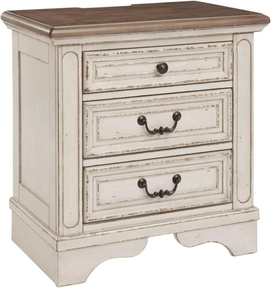 Realyn French Country 3 Drawer Nightstand with Electrical Outlets & USB Ports, 27.75" Tall, Chipped White