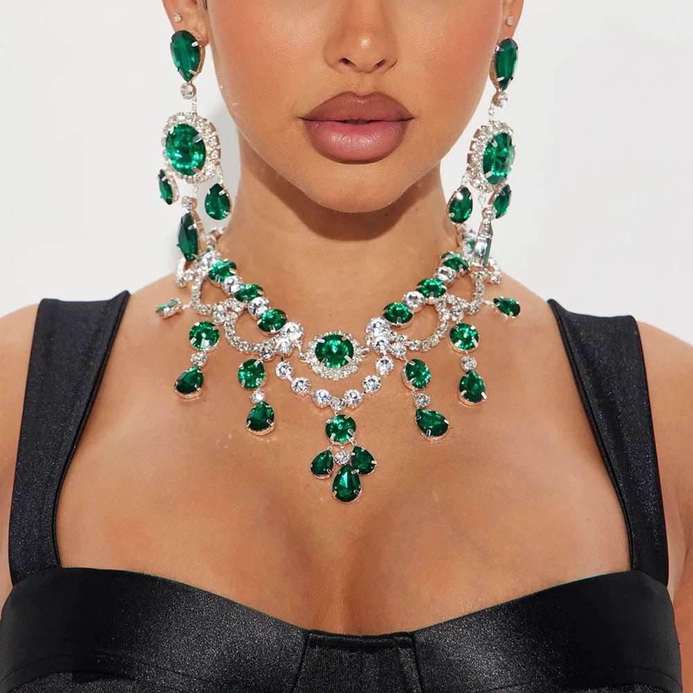 Stonefans Fashion Green Round Jewelry Sets Wedding Accessories Exaggerated Rhinestone Bridal Necklace Earrings Set Women Gift