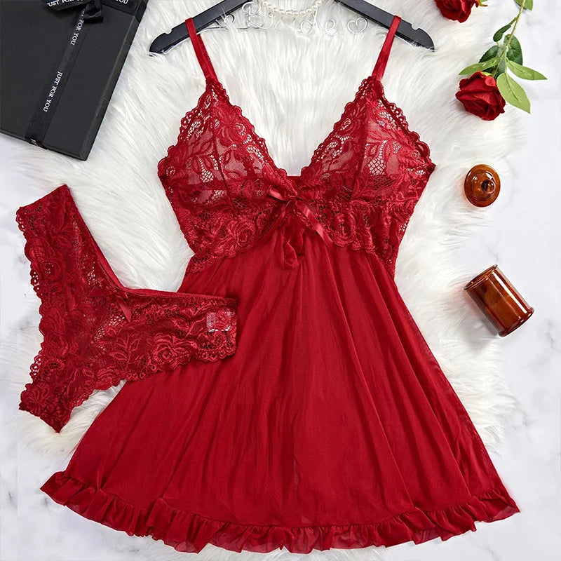 Alltooall WoMen's Sleepwear Underwear Transparent Cute Lace Red Lingerie Pijamas Sets Nightdress And Panty Female Nighty Clothes