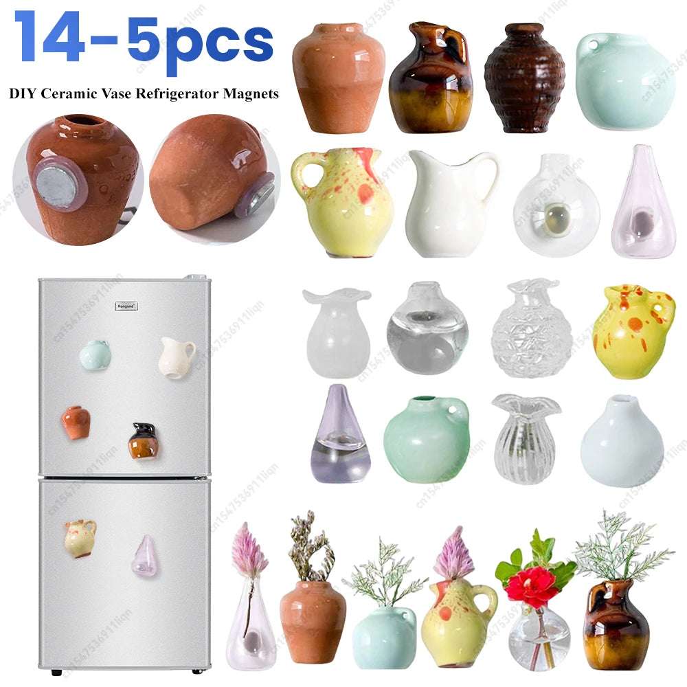 5-14Pcs Ceramic Vase Refrigerator Magnets 3D Chinese Style Ceramic Vase Fridge Magnets Label For Flower Home Decoration