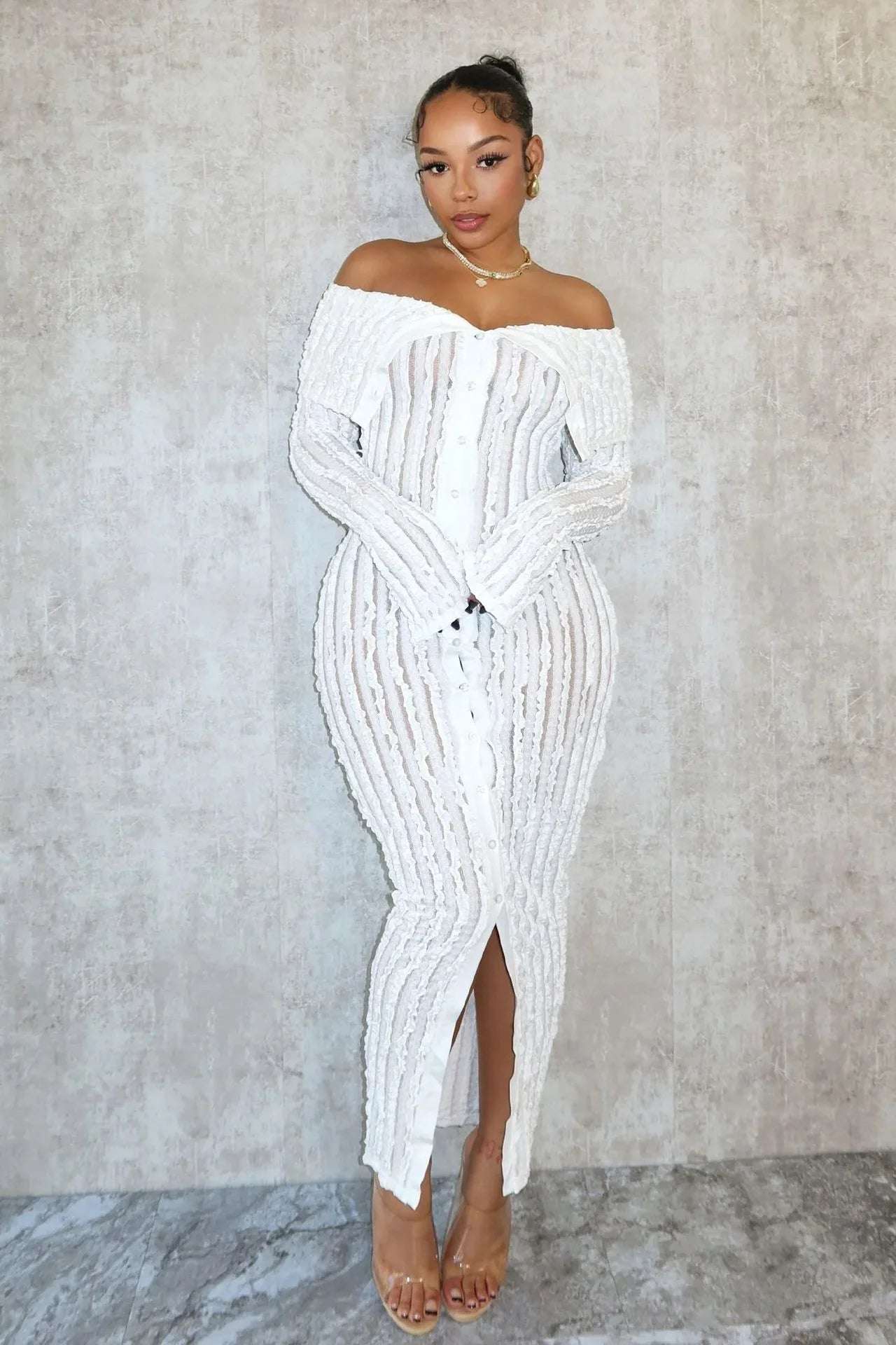 Echoine Slash Neck Off Shoulder Long Sleeve Ruffle Midi Dress Women'S Vintage Vestidos Autumn Spring