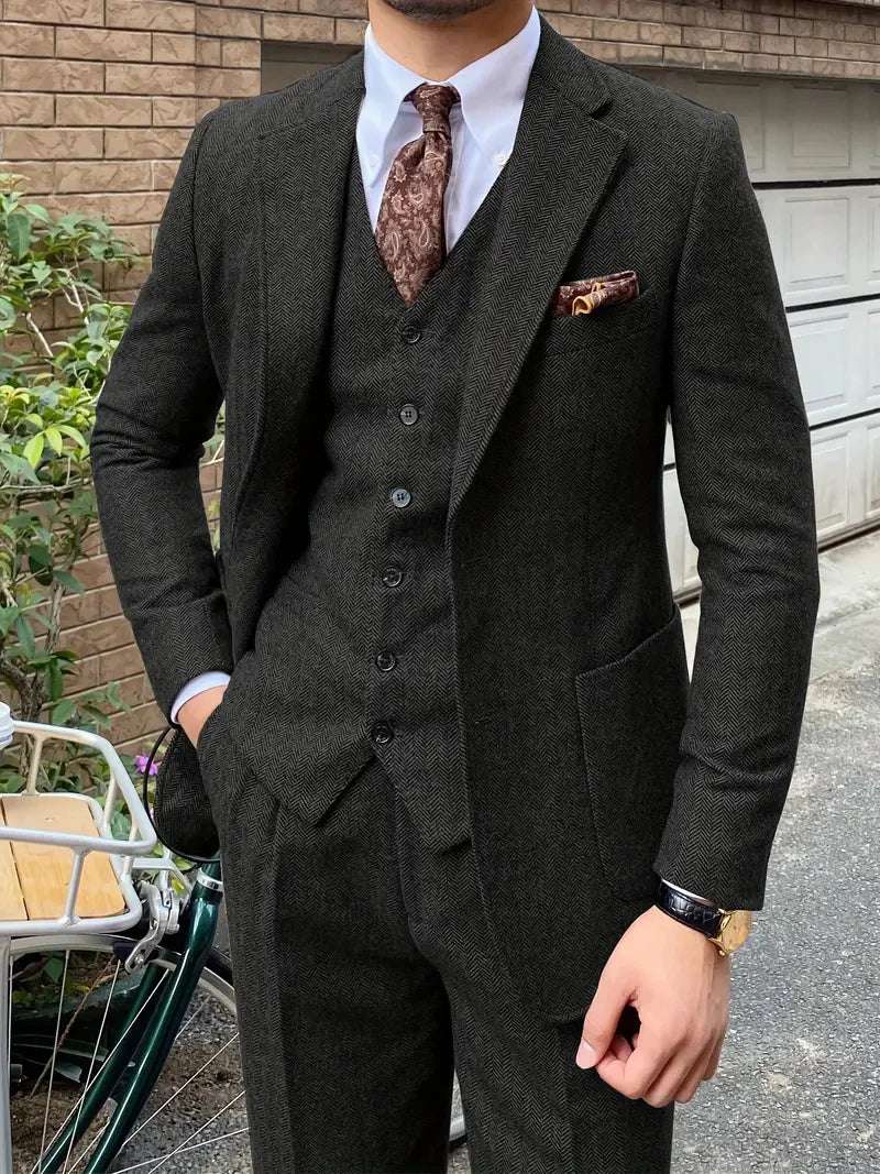 3 PCS Men Tweed Suits Wool Blend Herringbone Western Vintage Wedding Formal Events (Jacket+Vest+Pants)