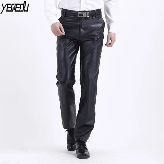 #2210 2023 Summer Waterproof Loose Stretch PU Faux Leather Pants Mentraight Fashion Thin Leather Trousers Men Black Plus Size