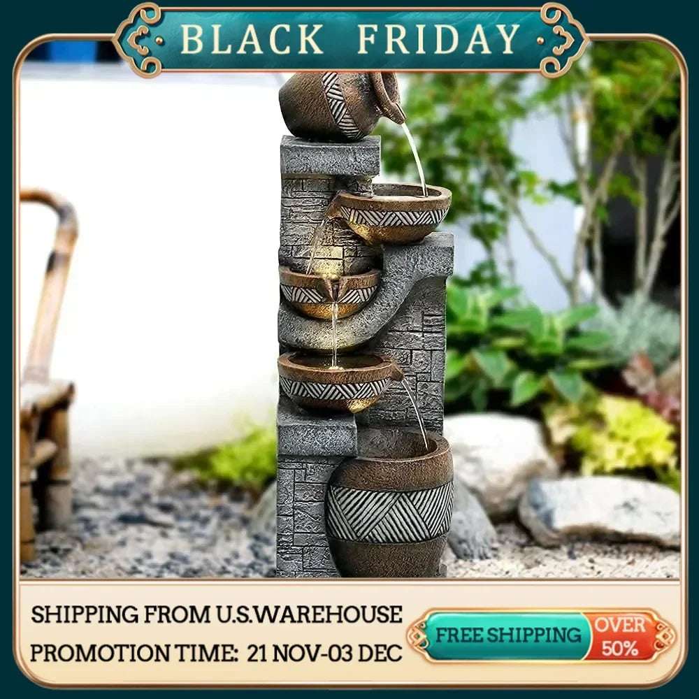 5-Story Indoor/Outdoor Garden Fountain -42.5-" Modern Floor Standing Stacked Water Feature -Suitable For Courtyard Decoration
