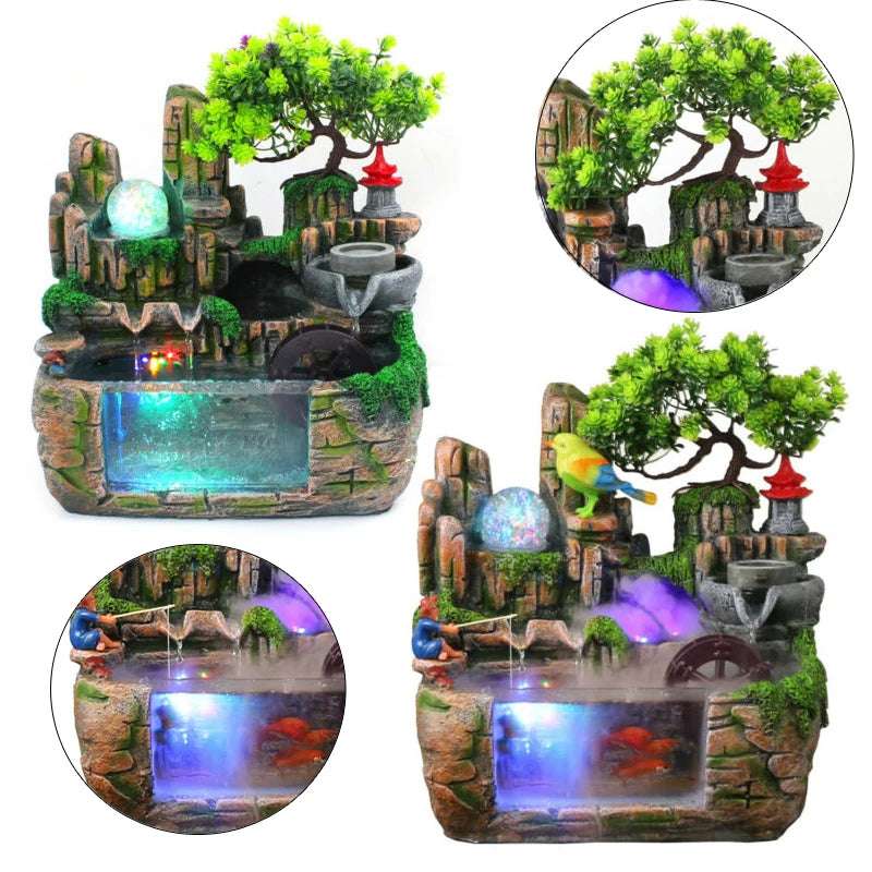 Indoor Relaxation Tabletop Waterfall Fountain With Rockery Light Relaxation Tabletop Resin Ornament For Home With Atomizer