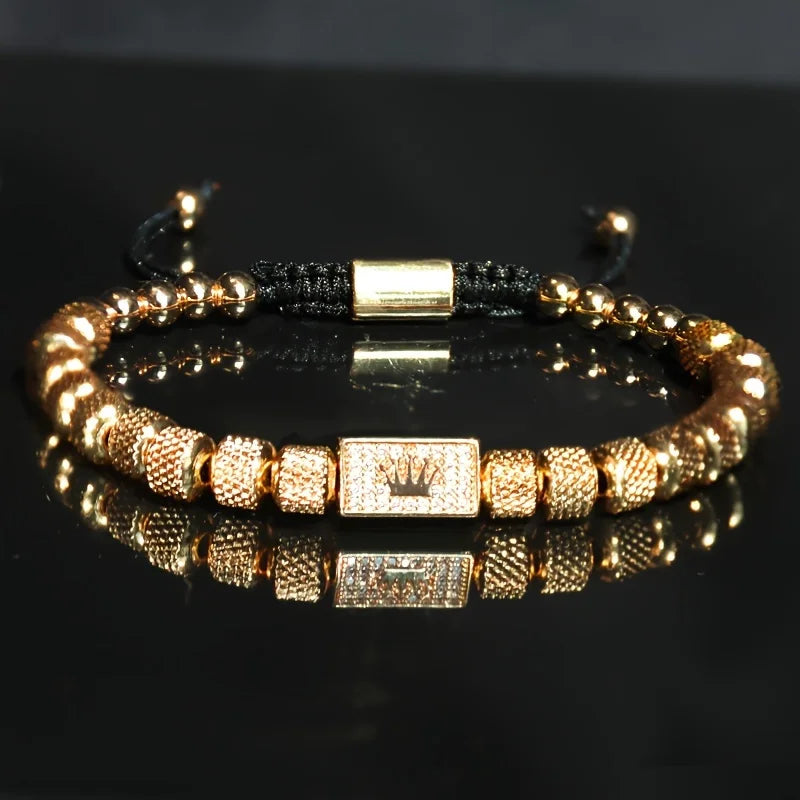 1Pc Men's Golden Crown Bracelet - Stainless Steel With Cubic Zirconia (Christmas/Father'S Day Gift)