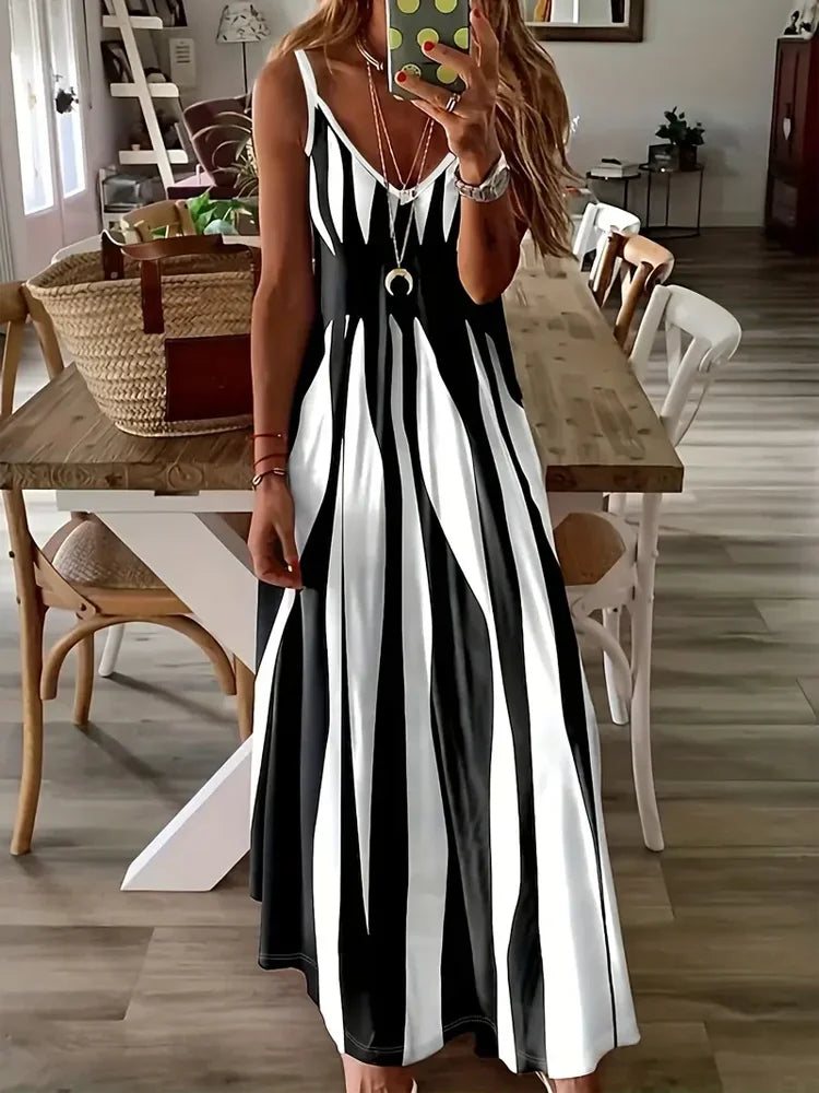Abstract Print Maxi Dress, Casual Sleeveless Spaghetti Strap Dress, Women Clothing