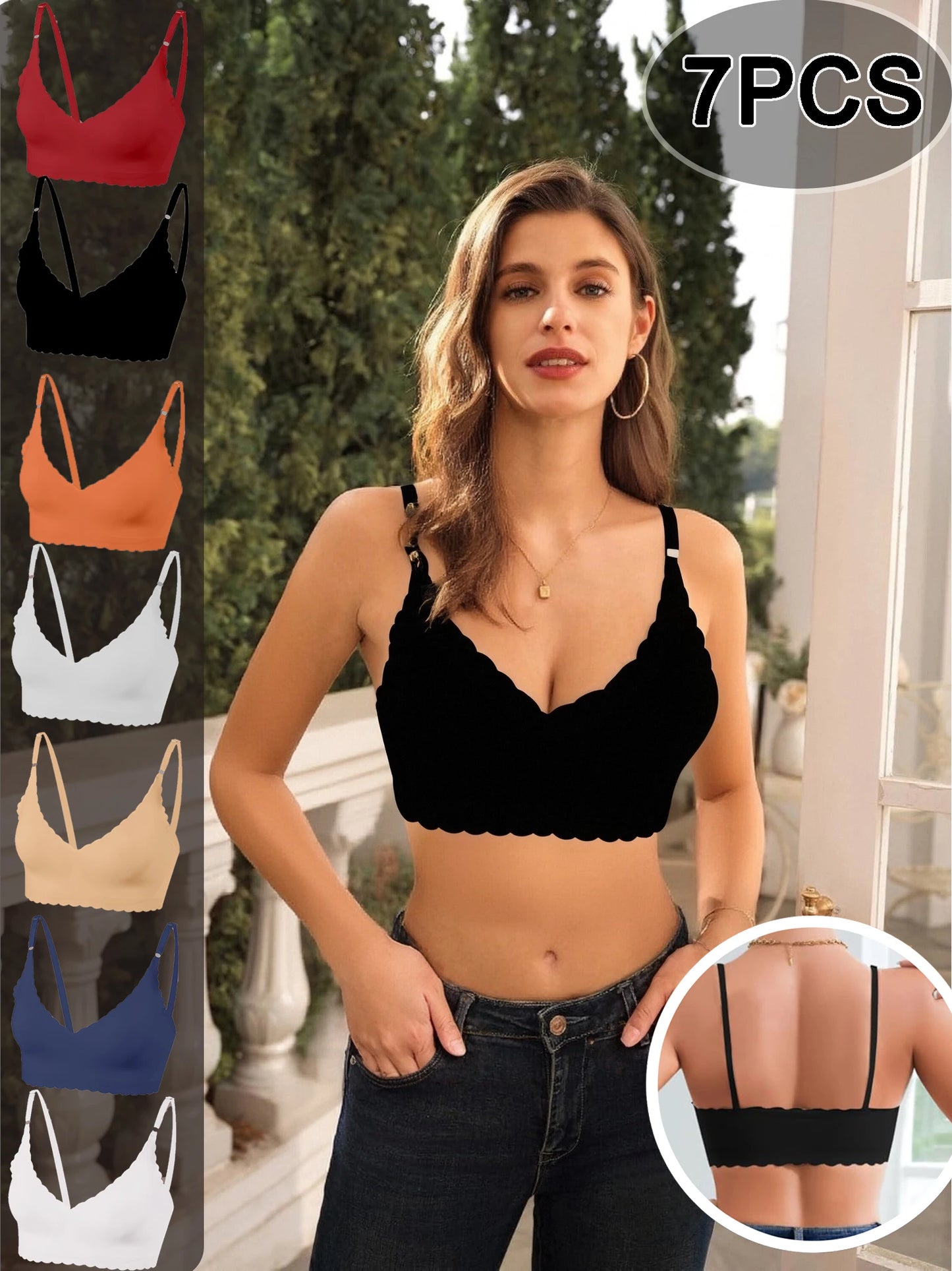 7Pcs Women's Gorgeous Backless Push-Up Bra, U-Shape, Adjustable Straps, Seamless Nylon Underwear, High Support, Hand Wash