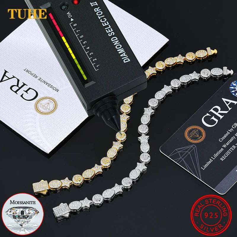 Exquisite Iced Out Moissanite Bracelets For Women's Men's 925 Sterling Silver 18K Gold Plated Fine Jewelry Star Moon Bracelets Gifts