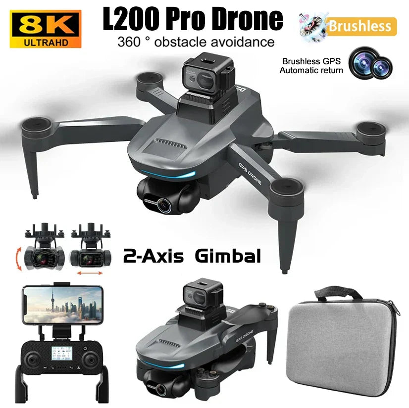 2025 L200 Pro Max GPS Drone 5KM 8K Professional HD Dual Camera 2-Axis Gimbal Obstacle Avoidance Brushless Foldable RC Quadcopter