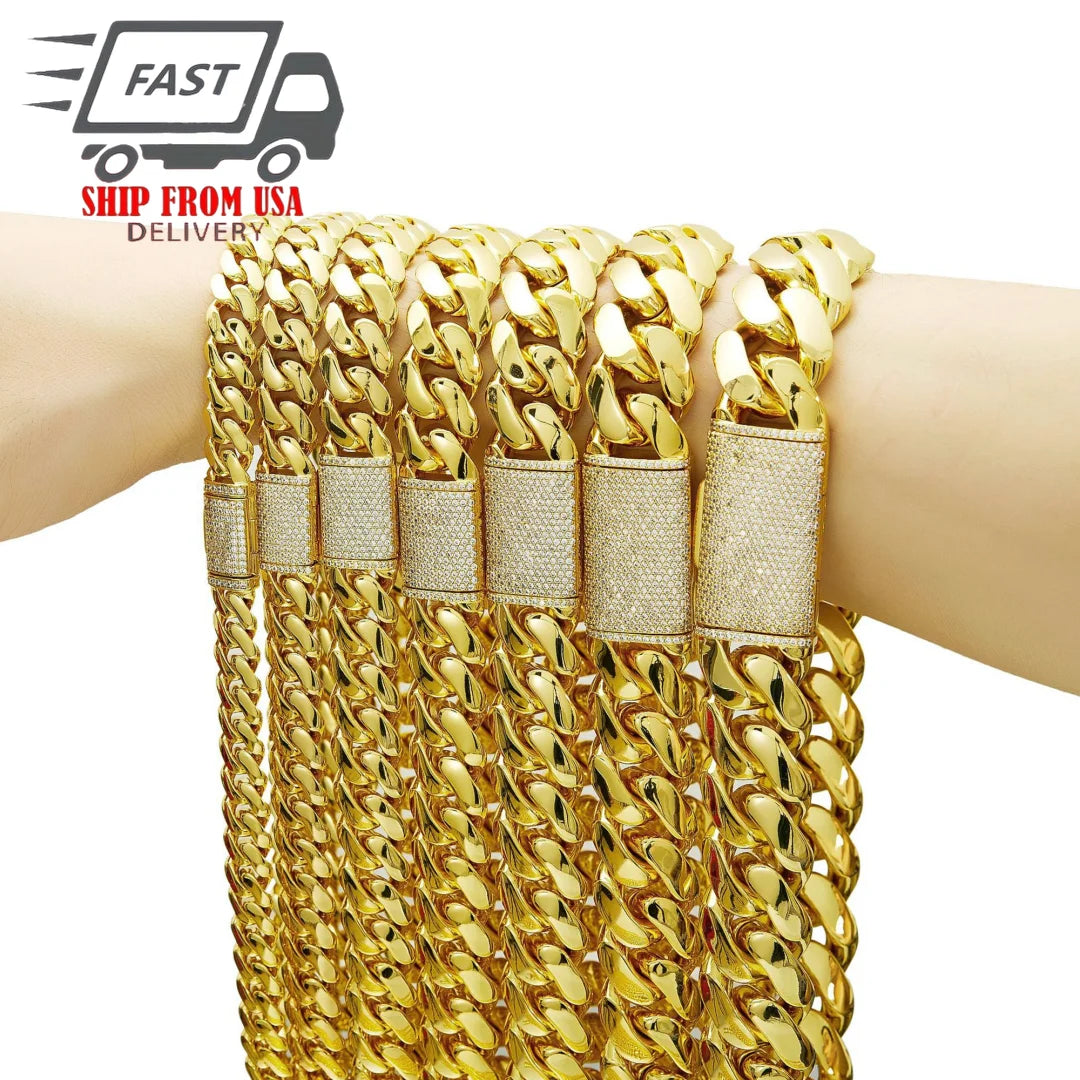 8-22Mm Hip Hop Bling Iced Out 14K Gold-Plated Stainless Steel Dense Cuban Miami Link Chain Necklaces For Unisex Rapper Jewelry