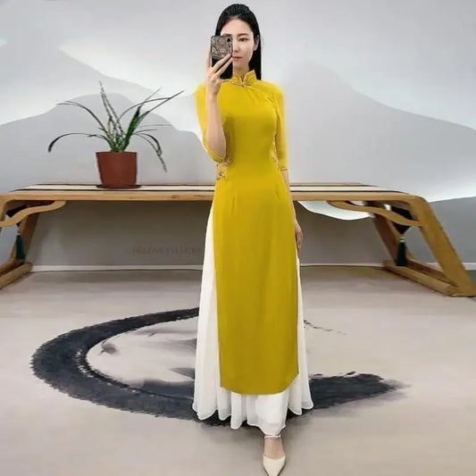 Woman Elegant Aodai Vietnam Traditional Clothing Vietnam Ao Dai Dress Improved Cheongsam Vietnam Ao Dai two-piece Cheongsam Set