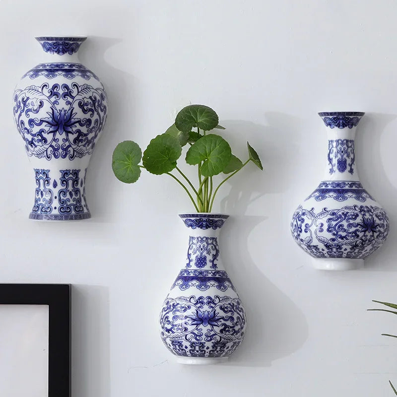 Ceramic Vase, Antique Blue And White Porcelain Flower Container, Lucky Bamboo,