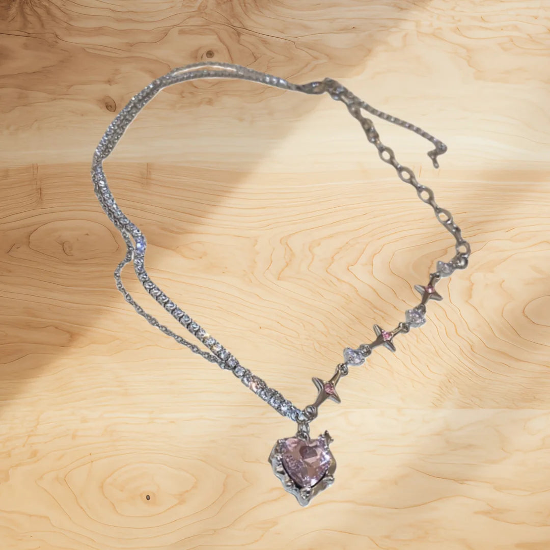 2025 New Silver Color Multi-Layer Choker Necklace (One Piece) With Pink Heart And Star Design - Stylish Sweet Party Accessory