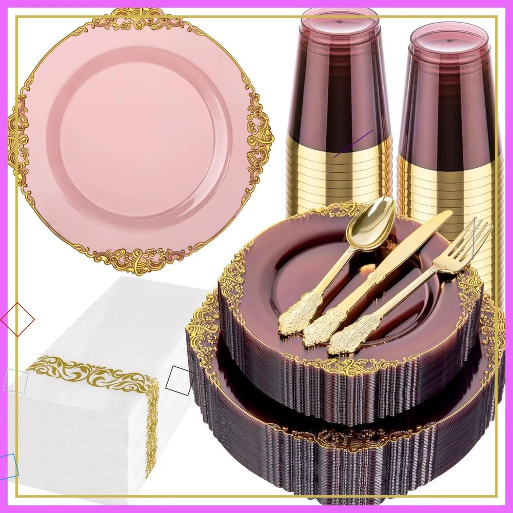 Burgundy And Gold Party Plates Set For 25 Guests, Includes Heavy-Duty Plates, Cutlery, Napkins, Cups