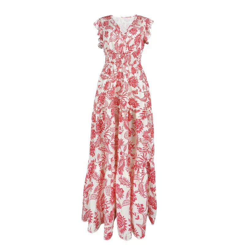 Fashion Floral Skirt For Famale Casual V-Neck Sleeveless Ruffles Tighten The Waist Slimming Bohemian Floral Women'S Dress