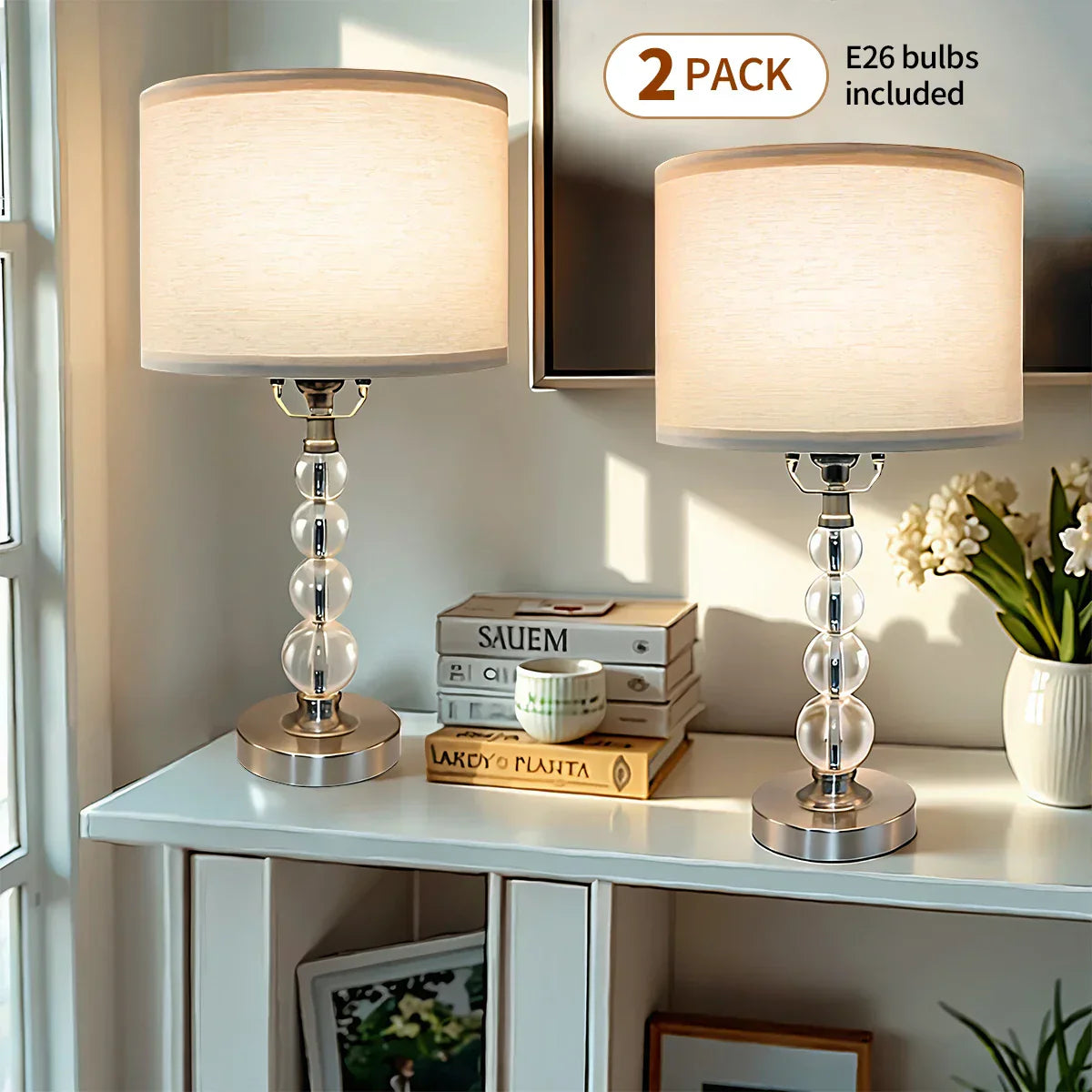 Modern Desk Lamp Set of Two - E26 Socket with Lamp Cap - Linen-Colored Lampshade - Suitable for Living Room, Bedroom and Bedside
