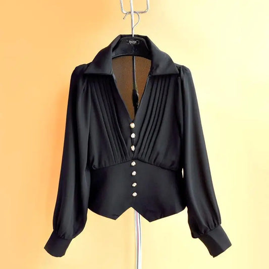 Chiffon Elegant Blouse Women Youth Casual Lady Plain Shirt Korean Chic Luxury Outerwears Mesh Puff Long sleeve V neck Office