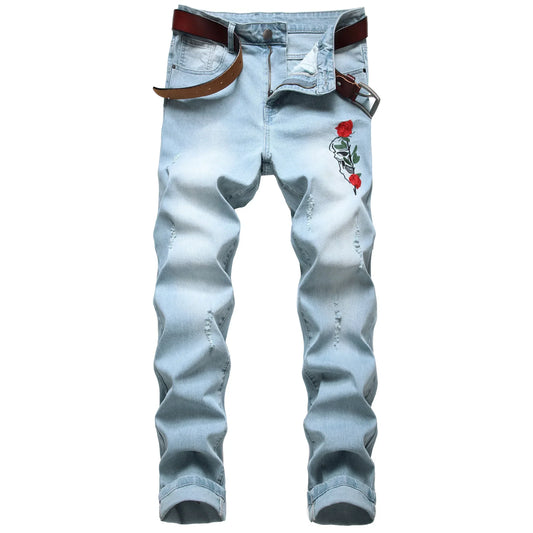Men's Casual Slim Fit Jeans, Fashion Flower Embroidery Casual Jeans LY026