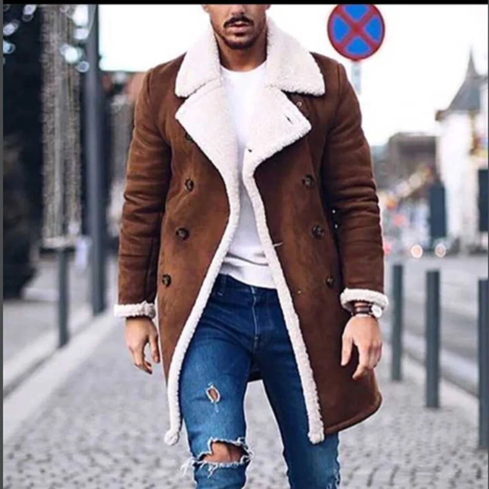 Winter Faux Fur Jacket Plus Size Men's Jackets Contrast Colors Turn-Down Collar Thicken Lambswool Suede Jacket Long Parka Coat