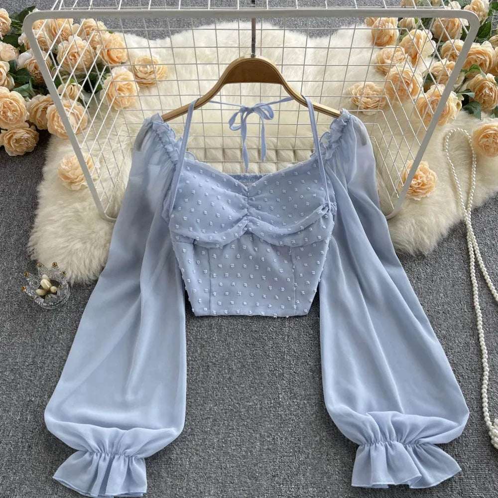 2024 Polka Dot Fs Short Blouse Summer Slash Neck Long Sleeve Women Tie Halter Elastic Waist Fashion French Beach Top