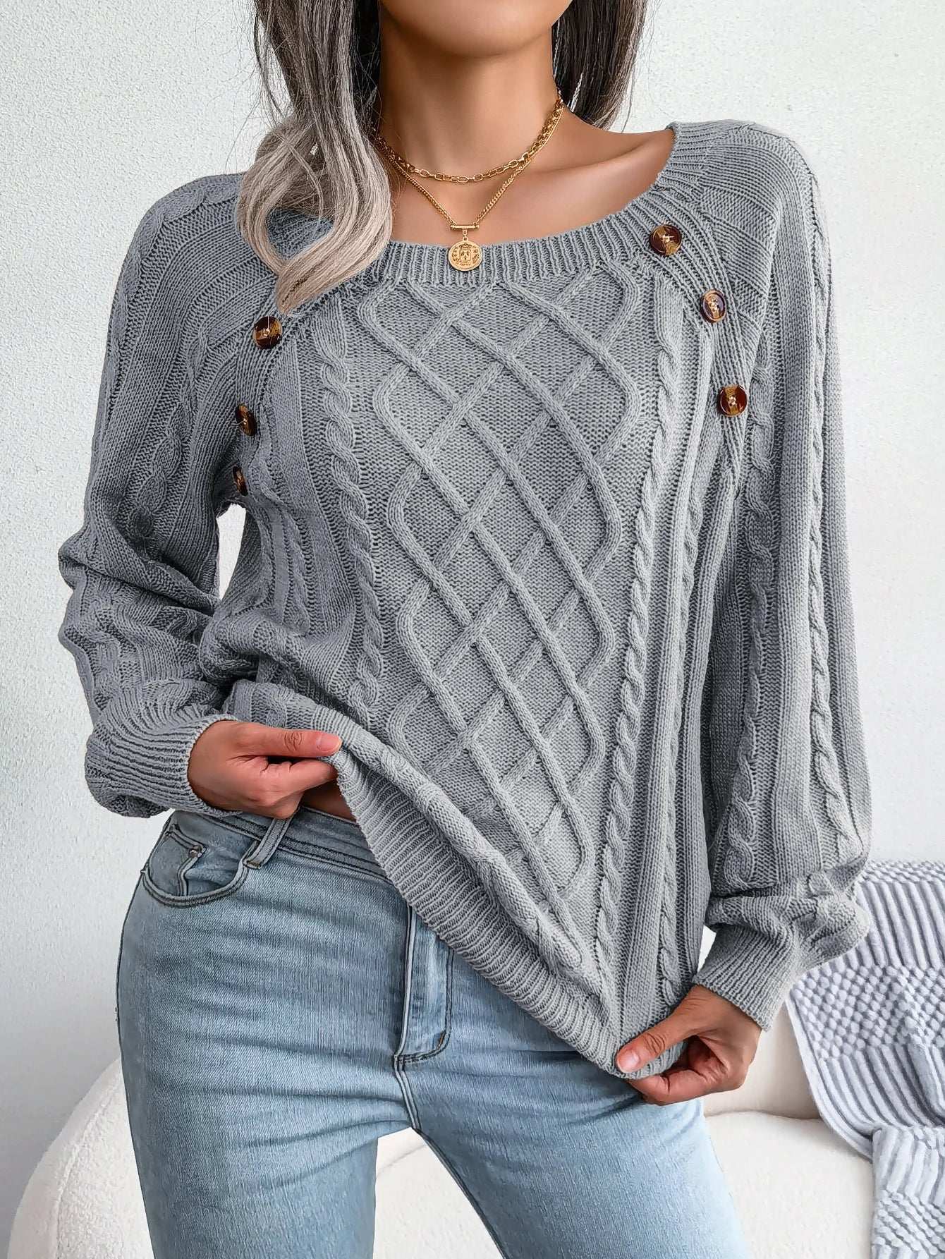Women Casual Square Collar Buttons Long Sleeve Knitted Pullovers And Sweaters For Autumn Winter 2023