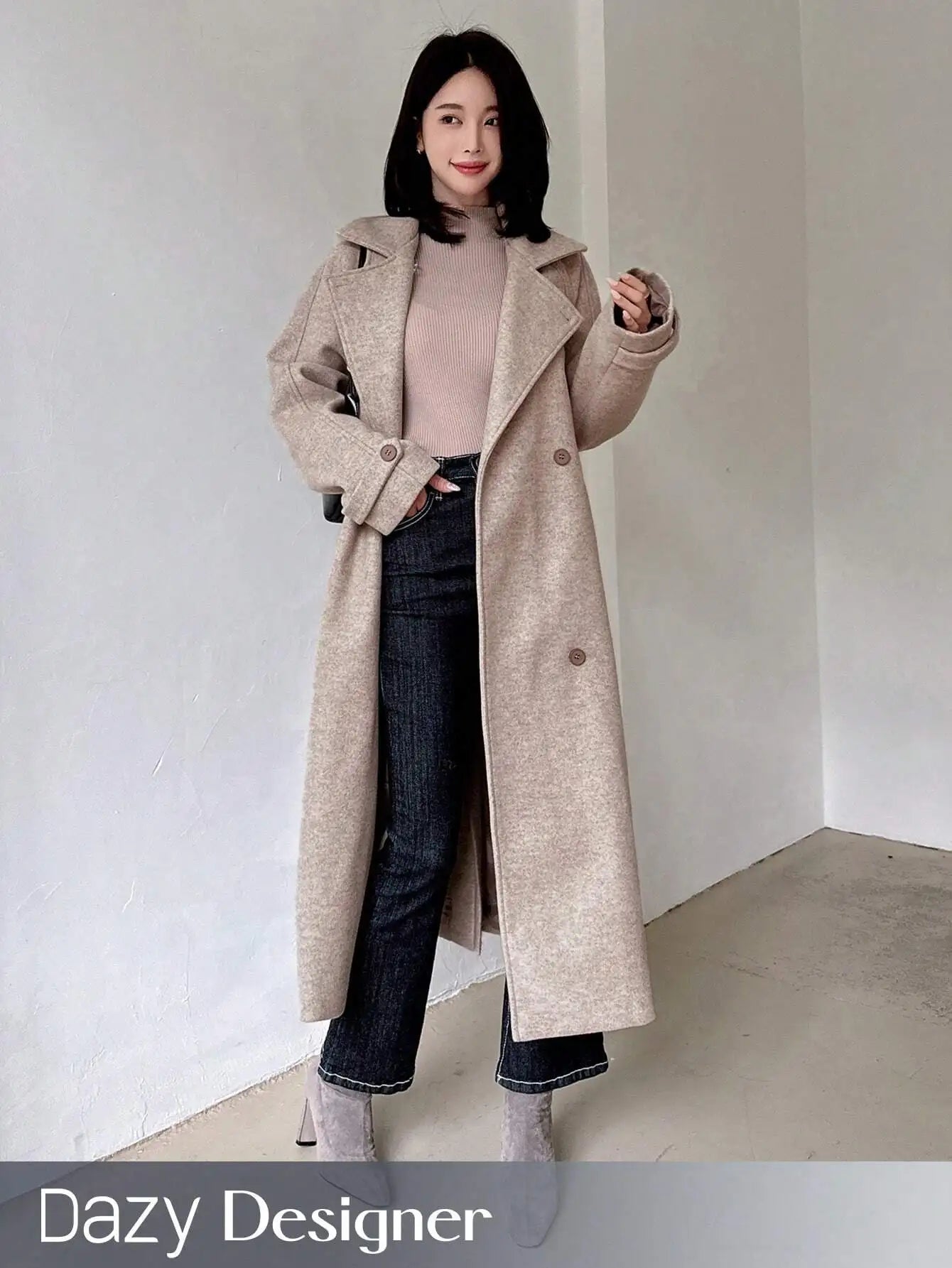 Dazy WoMen's Long Loose Wool Blend Overcoat, Double Breasted Winter Coat For Casual & Office Wear