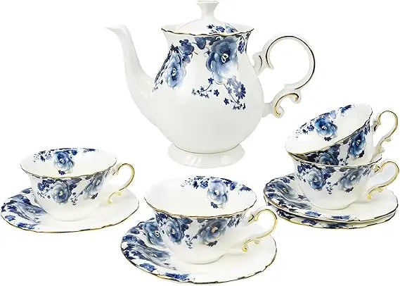 Adults' 13-Piece Blue & White Vintage Floral Bone China Tea Set With Teapot And Teaspoons For 4