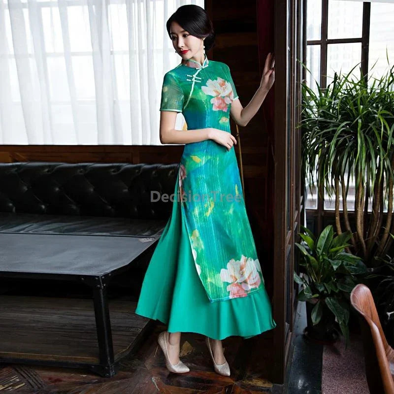 2025 spring and summer vietnam aodai qipao dress exquisite printing improved daily vintage dress elegant literature art qipao