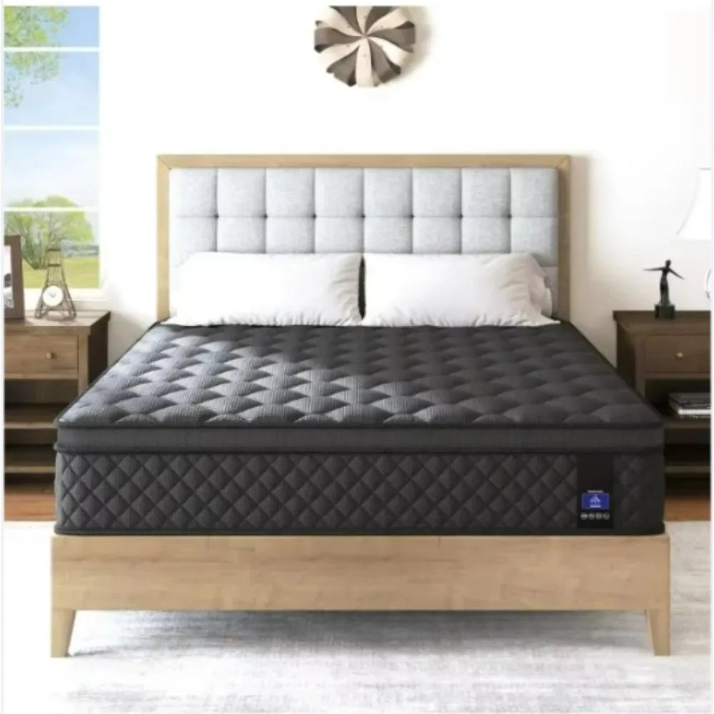 Queen Mattress,14 InHybrid Mattress Black,Euro Top Mattress Medium Firm for Back & Lumbar Support,100 Night Trial, Individual