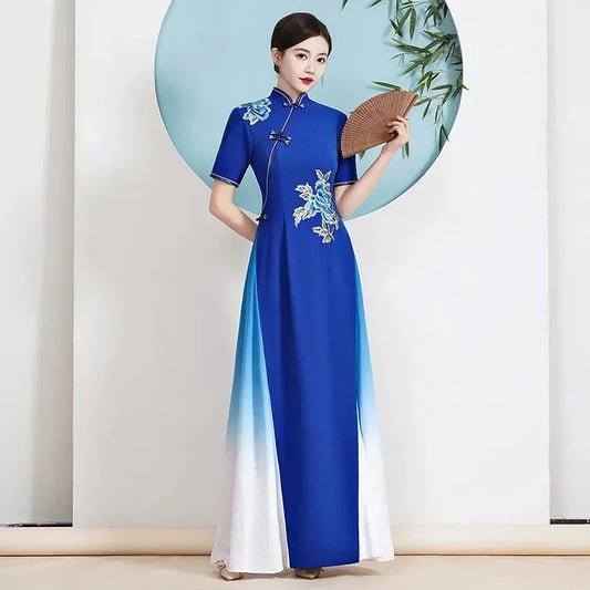 2024 Ao Dai Cheongsam Folk Style Vietnam Chiffon Aodai Elegant Women Flower Embroidery Traditional Dress Oriental Qipao Dress