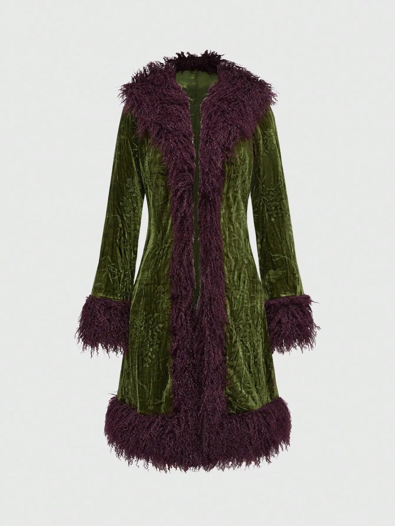 Boho Women'S Velvet Jacket With Purple Faux Fur Trim, Long Sleeve Colorblock Coat For Fall/Winter