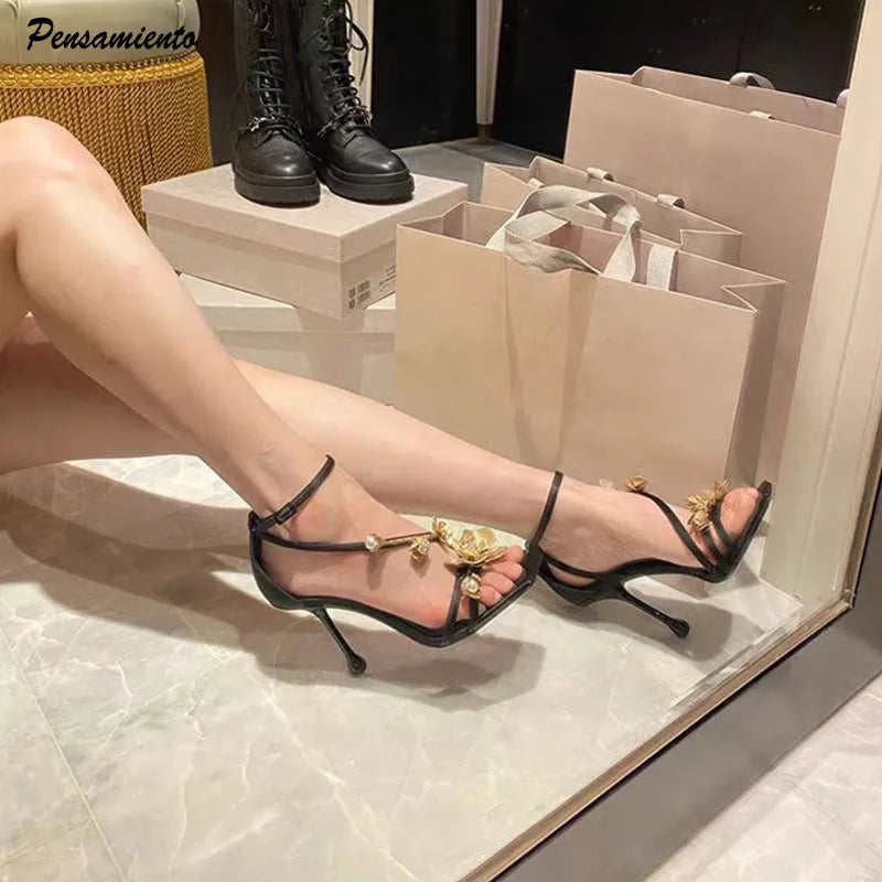 Star style Metal Flowers WoMen's Sandals Narrow band Stiletto High heels Gladiator Sandals Summer Fashion Party Prom Shoes