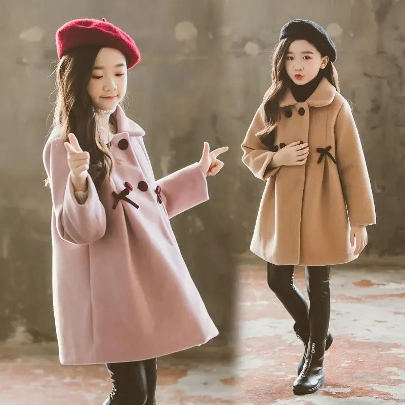 2025 Winter Teenage Girls Long Jackets Toddler Kids Outerwear Clothes Casual Children Warm Woolen Trench Coat Teen Outfits 3-12T