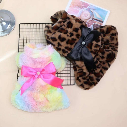 Winter Autumn Pet Warm Fashion Color Skirt Fleece Warm Rainbow Candy Color Gorgeous Plush Skirt Leopard Print Bow Dog Clothes Dress