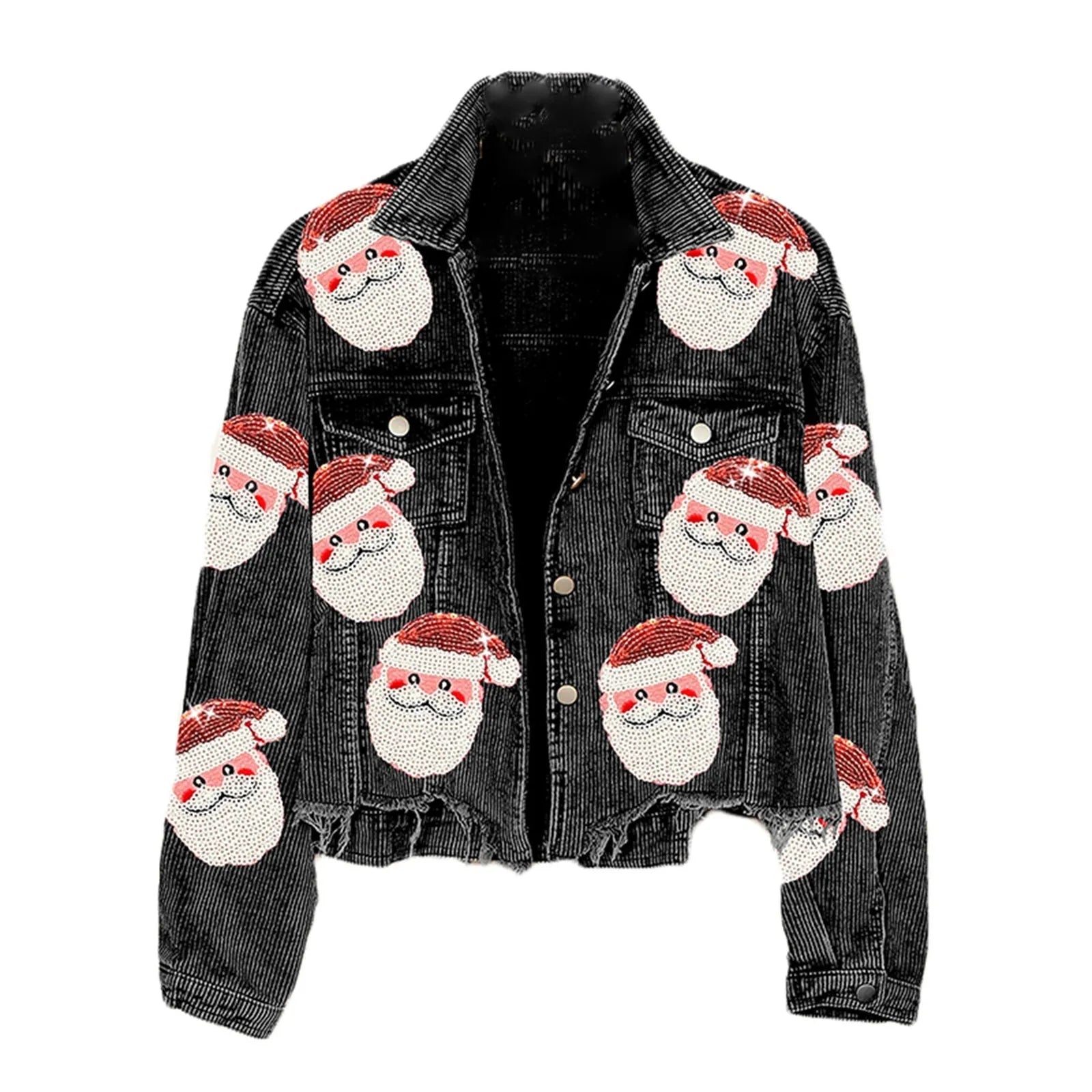 Santa Claus Sequined Bomber Jacket Women Long Sleeve Cropped Corduroy Fleece Jackets Casual Lapel Cardigan Outerwear