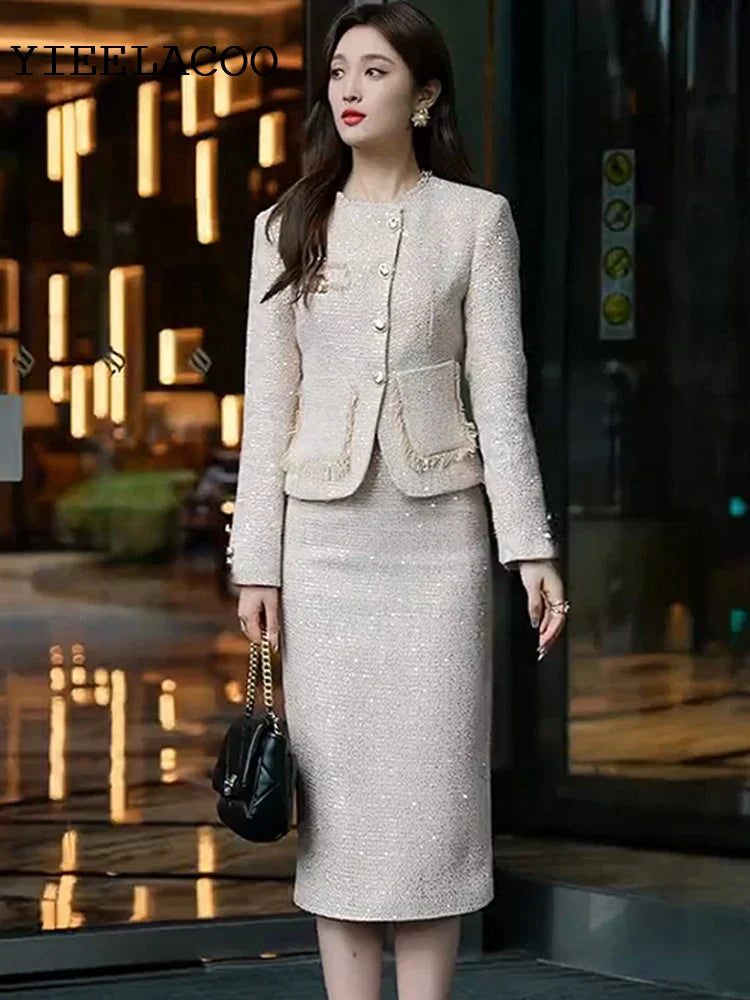 Womenet New Pink sequin fabric  Autumn/  Ladies Tweed jacket + Skirt Suit fashion Professional 2-Piece Set
