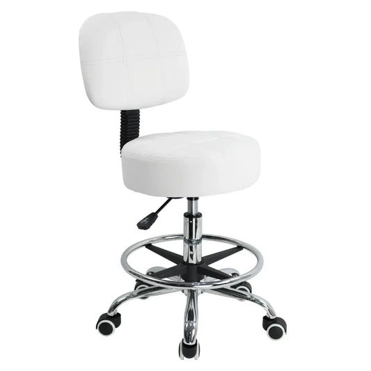 KKTONER Swivel Round Rolling Stool PU Leather with Adjustable Foot Rest Height Adjustable Task Work Drafting Chair with Back